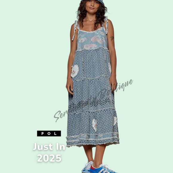 POL Dresses & Skirts - POL Brand New Release Bohemian Farm Girl Denim Tiered Patchwork Maxi Jean Dress